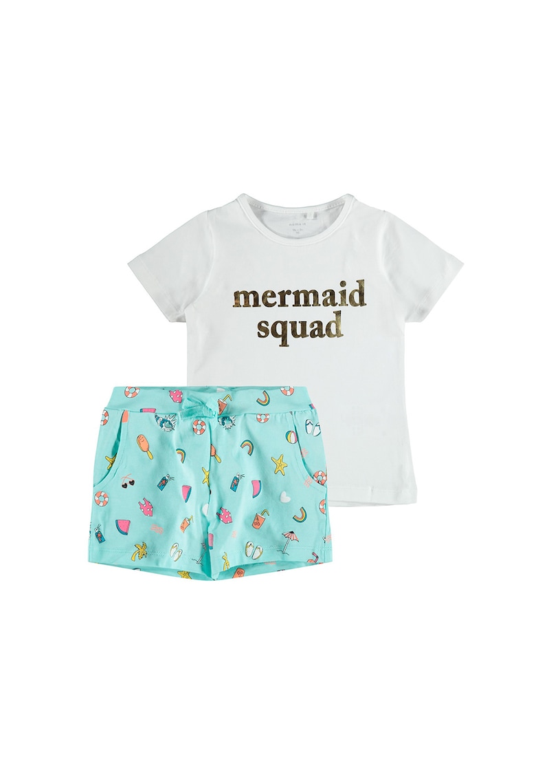Set de pantaloni scurti si tricou din amestec de bumbac organic - 2 piese - fete - imprimeu Mermaid squad