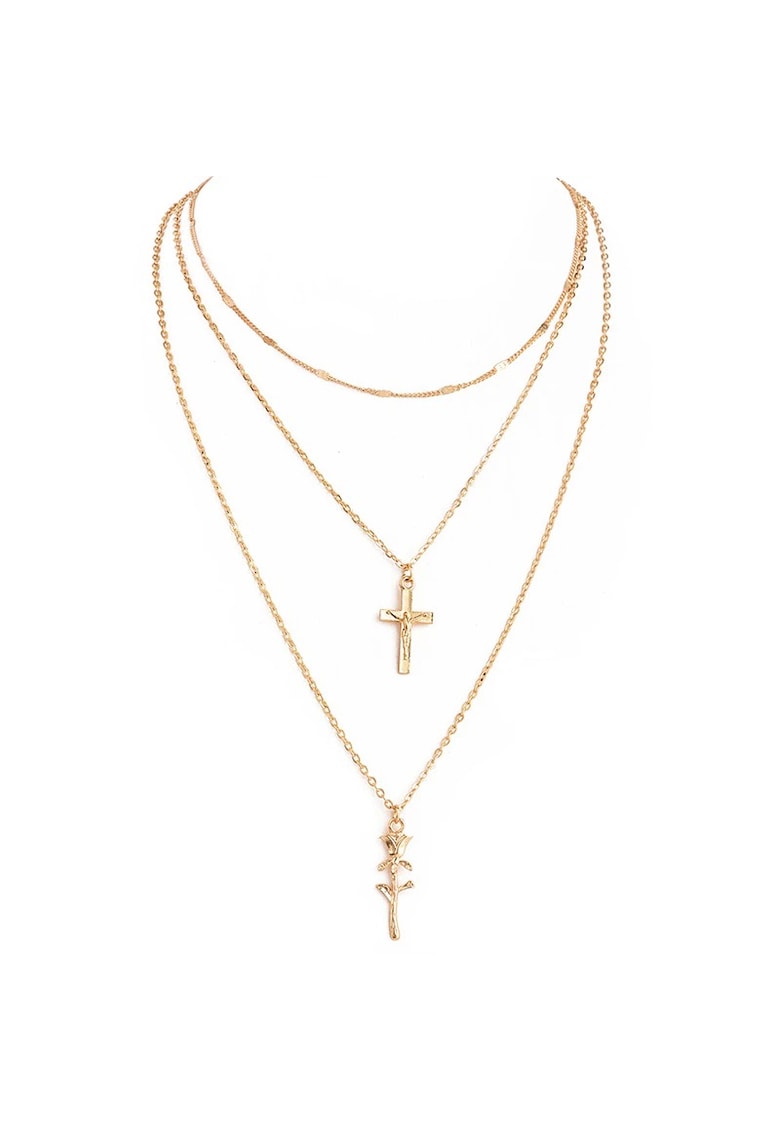 Colier in 3 straturi - auriu - cu trandafir si cruciulita - Palina C19 -
