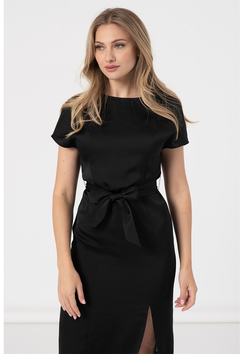 Rochie midi cu slit frontal si cordon in talie