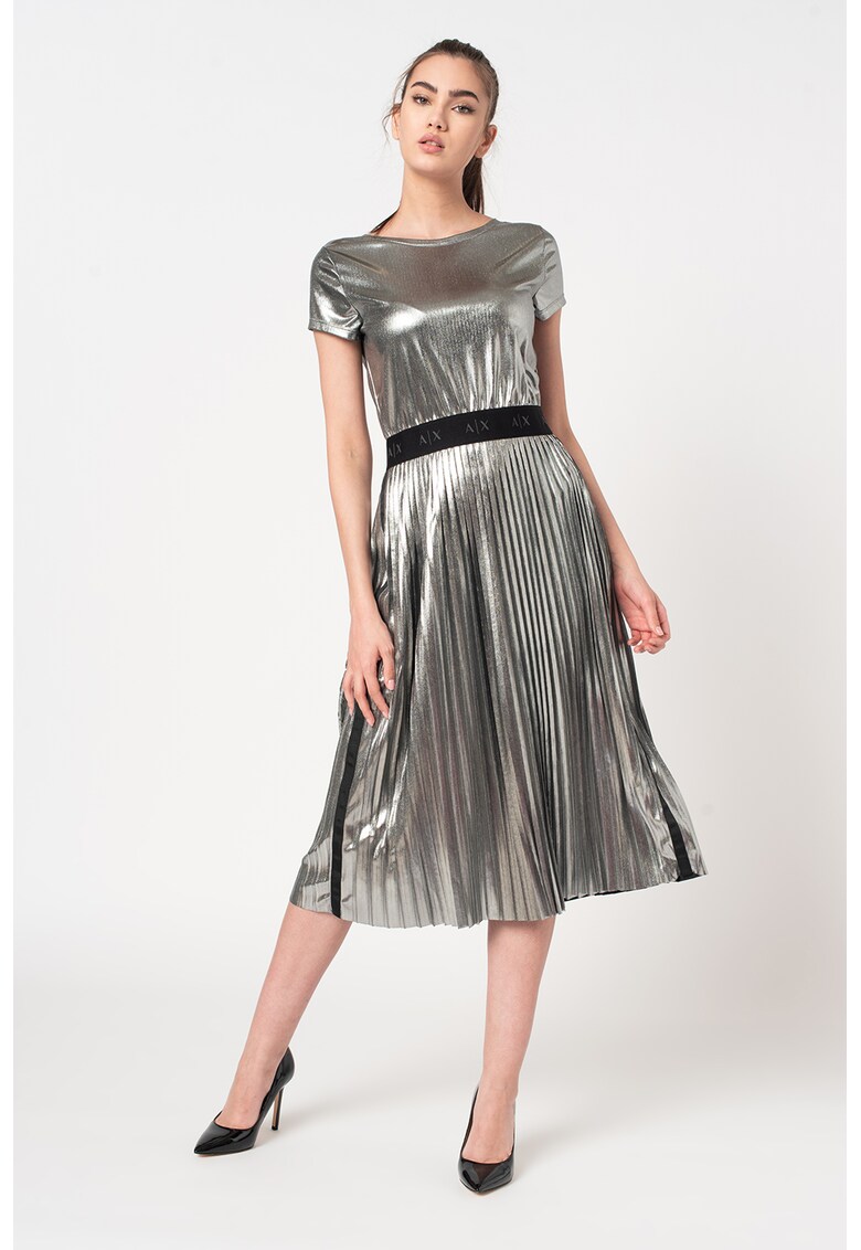 Rochie midi cu pliuri si aspect metalizat