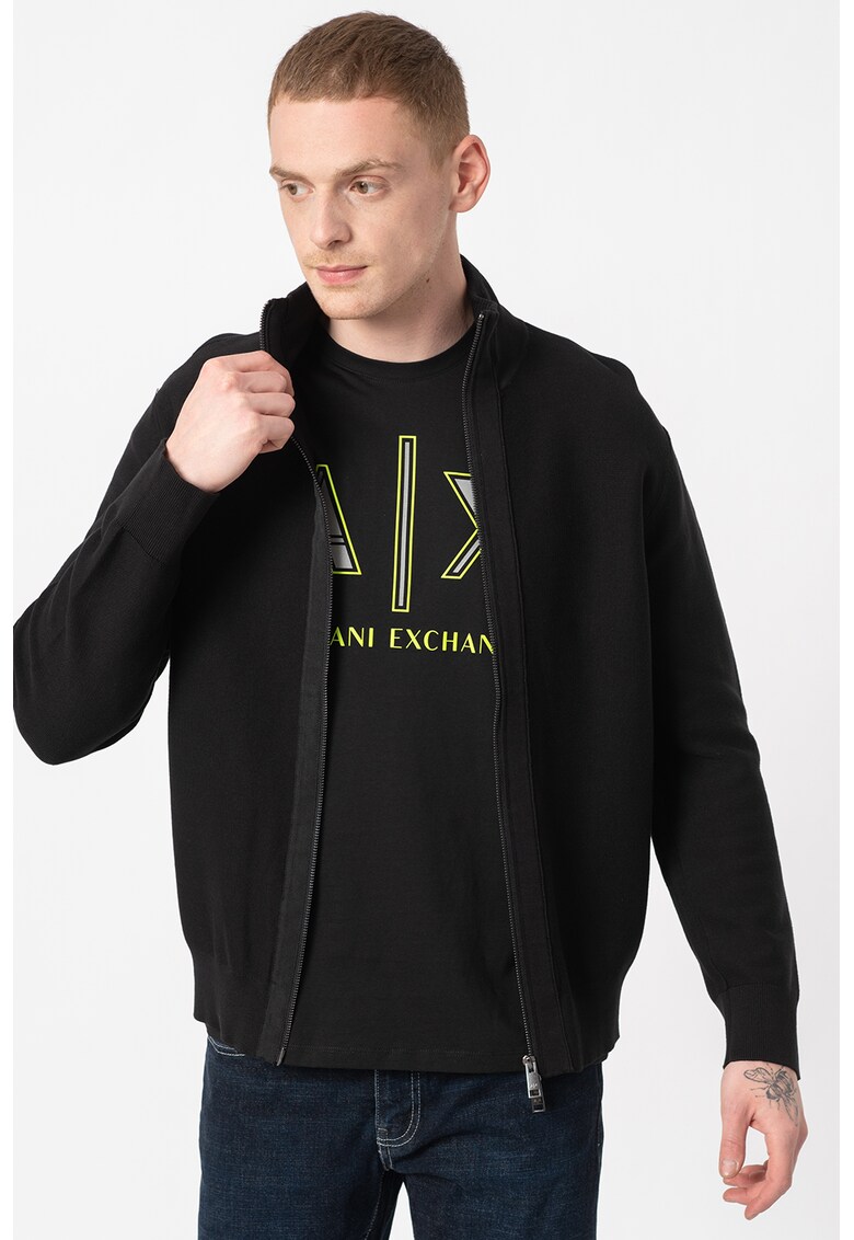 Pulover tricotat fin cu fermoar si imprimeu logo