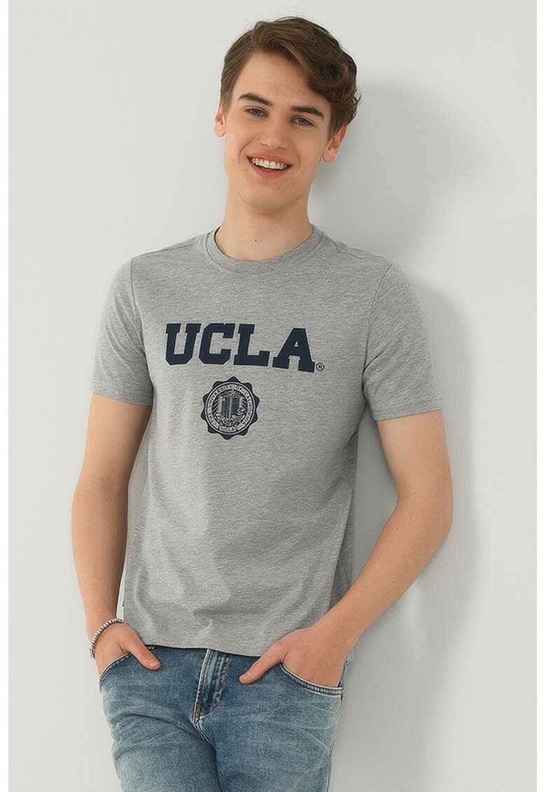 Tricou cu imprimeu logo Gayley - Gri melange/Bleumarin