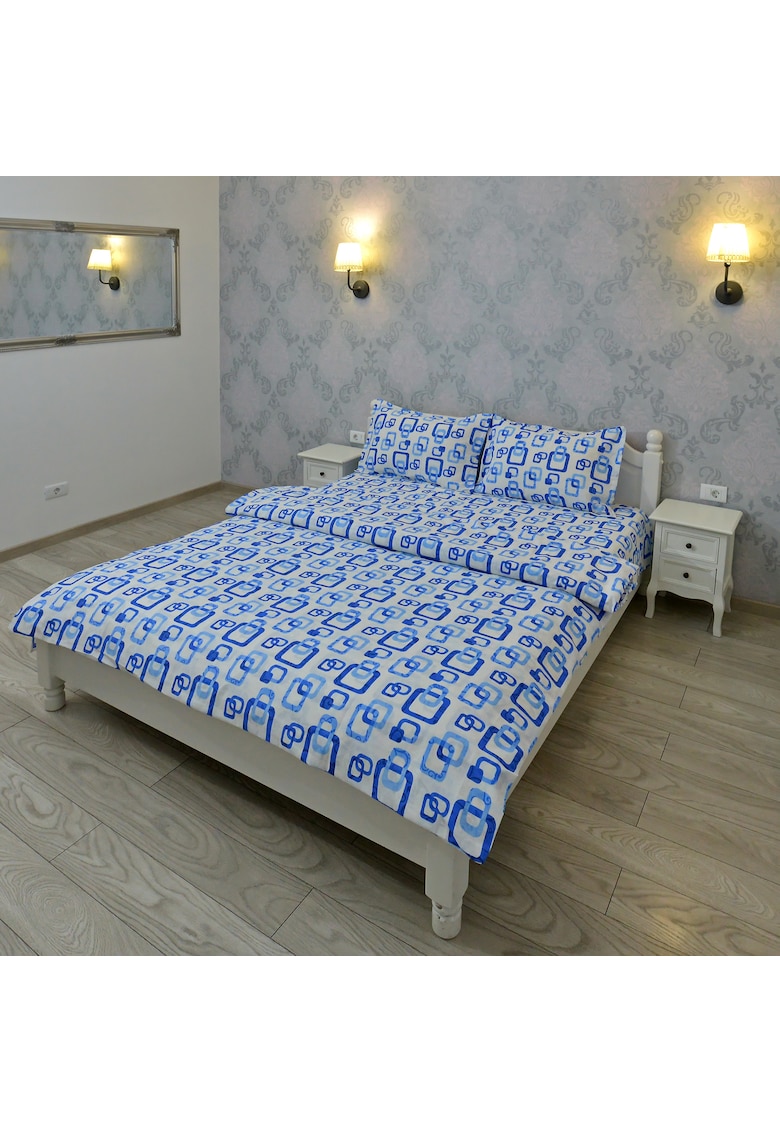 Lenjerie de pat pentru 2 persoane Ultrasleep – bumbac 100% – albastru – model patrate 100 imagine noua