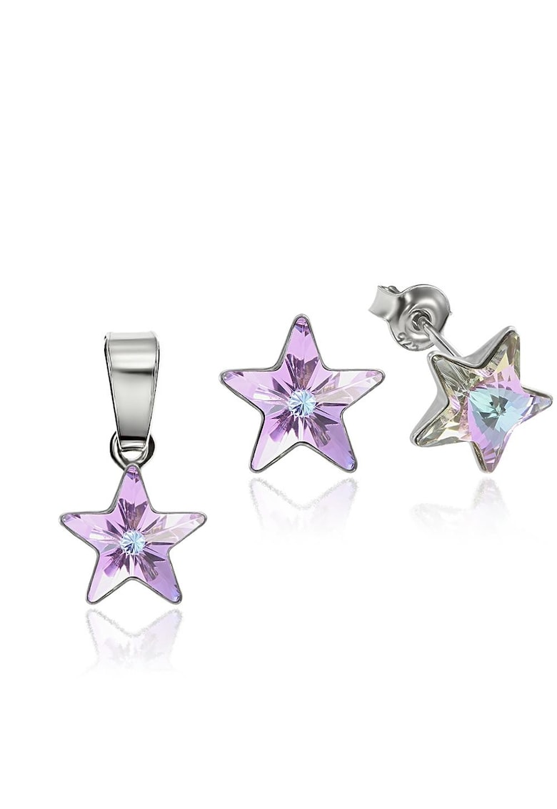 Set Argint 925 placat cu rodiu cu cristale Swarovski® Star - 10mm - Surub - Violet/Multicolor