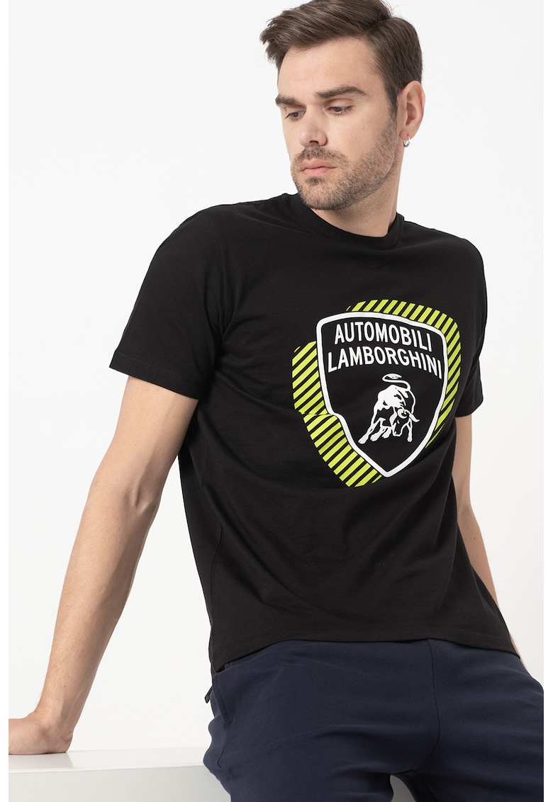 Tricou din jerseu cu decolteu la baza gatului si imprimeu logo