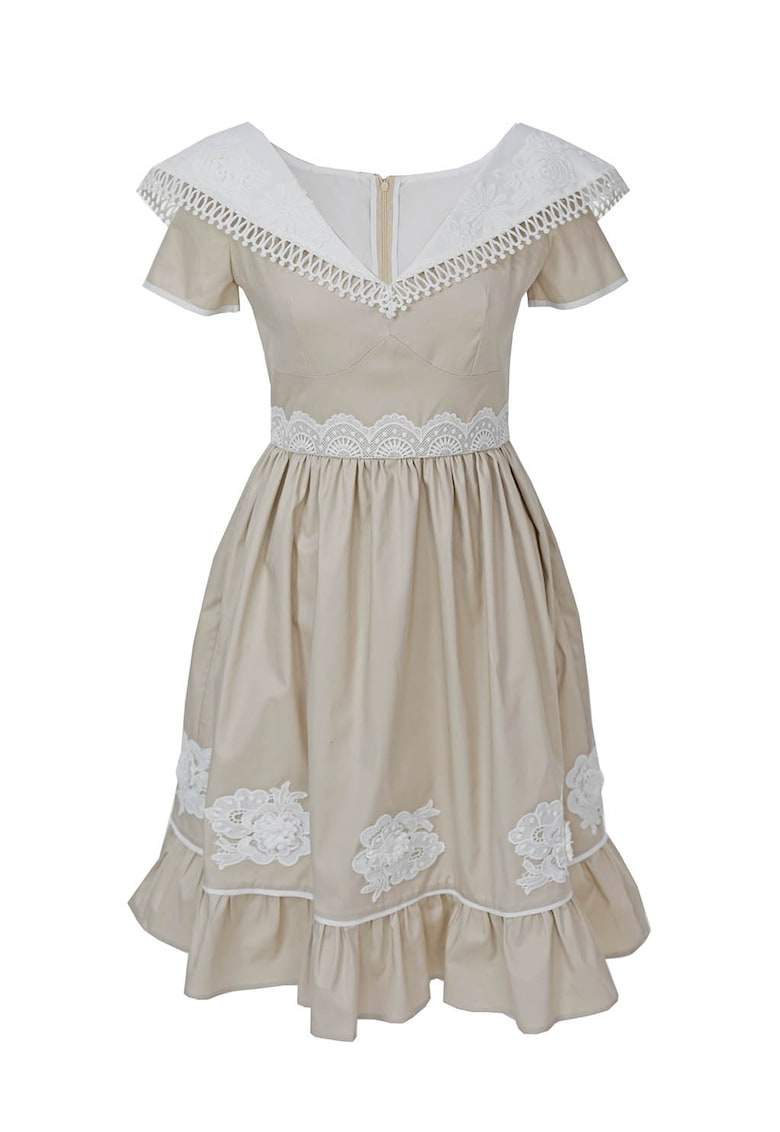 Rochie evazata cu insertii din dantela crosetata Eliana - Alb/Maro taupe deschis