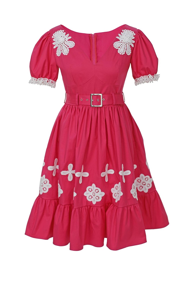 Rochie evazata cu decolteu in V Daiana - Alb/Fucsia