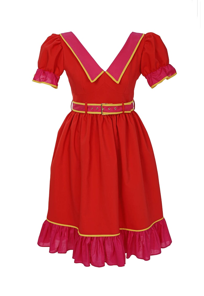 Rochie midi cu guler Chelsea - Rosu/Galben/Roz