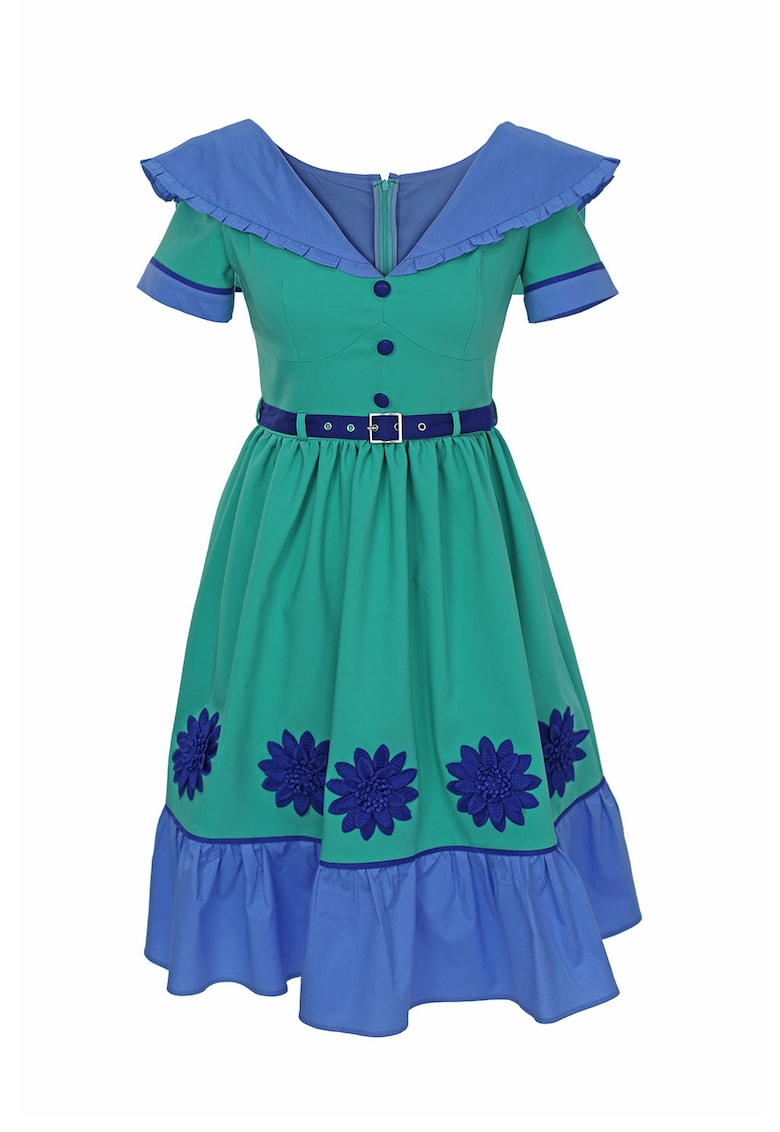 Rochie evazata cu model colorblock si aplicatii florale Gilda - Verde/Albastru