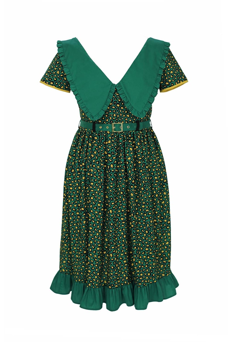 Rochie evazata cu animal print si guler supradimensionat Cecile - Verde
