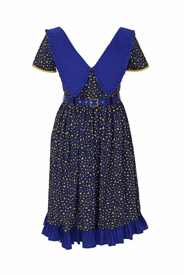 Rochie evazata cu guler Peter Pan supradimensionat Cecile - Negru/Galben/Albastru royal