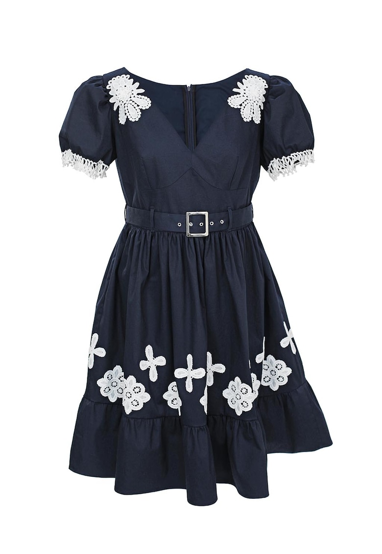 Rochie evazata cu broderie florala Daiana - Alb/Bleumarin