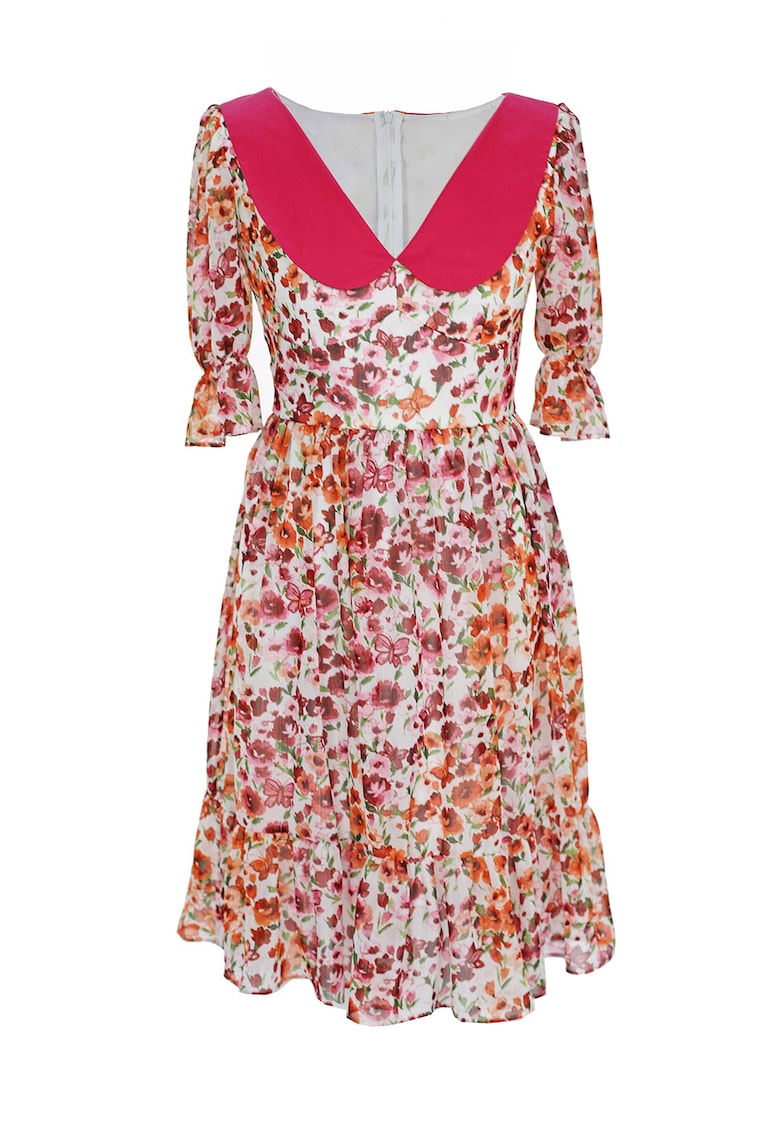 Rochie vaporoasa cu model floral Claudine - Rosu/Verde/Alb optic