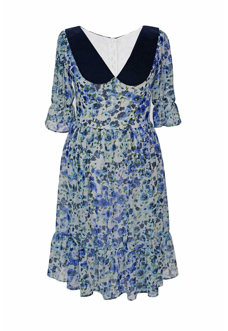 Rochie vaporoasa cu model floral Claudine - Alb/Verde/Albastru