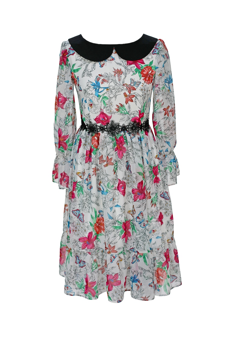 Rochie cu model floral si guler Peter Pan Lolah - Alb/Verde/Fucsia