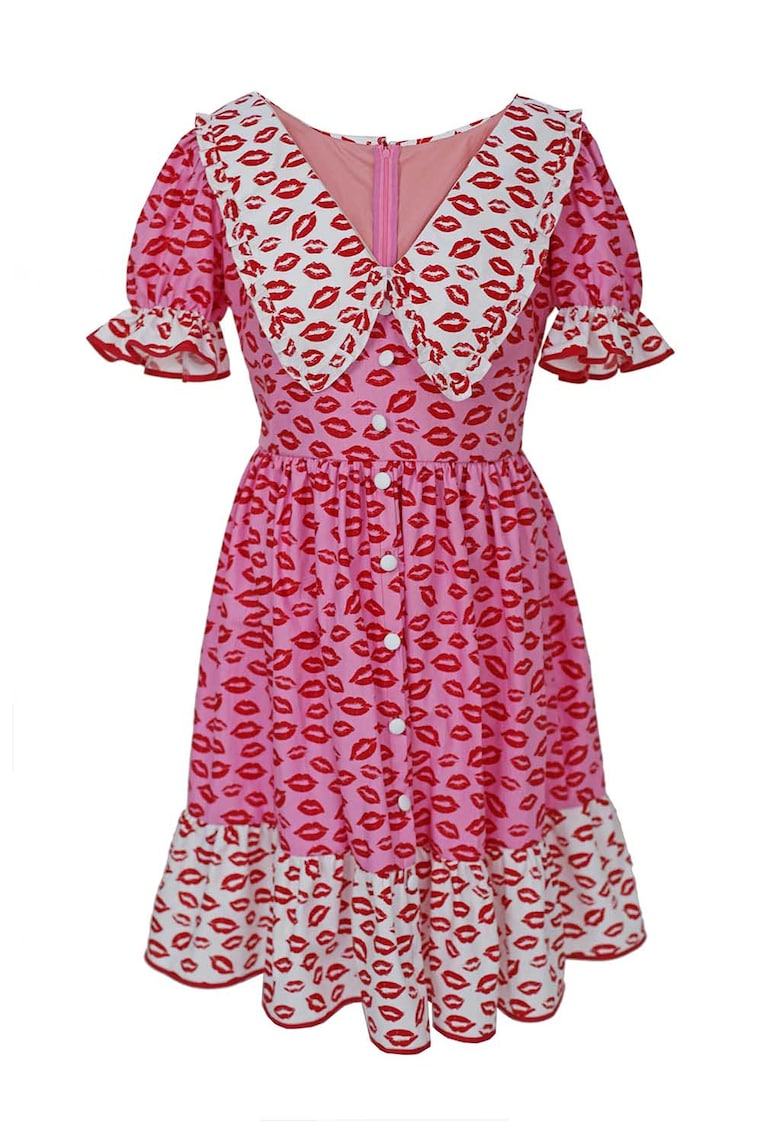 Rochie mini evazata cu nasturi decorativi Adelina - Rosu/Alb/Fucsia