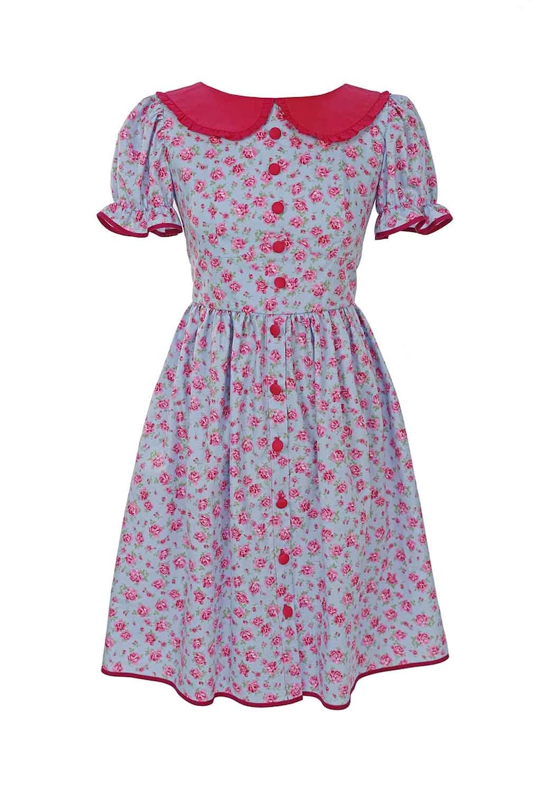 Rochie cu model floral si guler Peter-Pan Rozalia - Verde/Fucsia/Albastru deschis