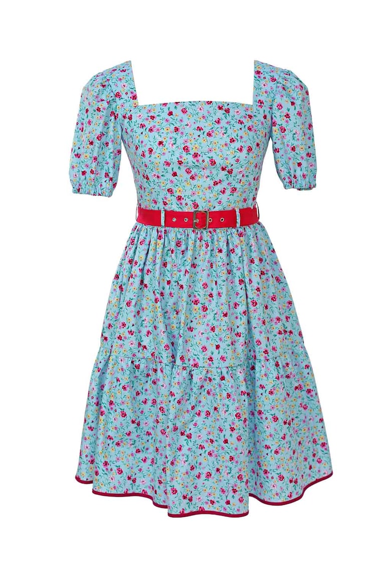 Rochie cu imprimeu floral si decolteu patrat Isavella - Galben/Fucsia/Albastru deschis