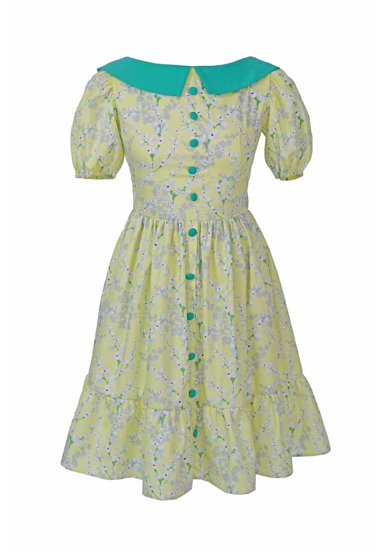Rochie evazata cu imprimeu floral Stephanie - Verde/Galben