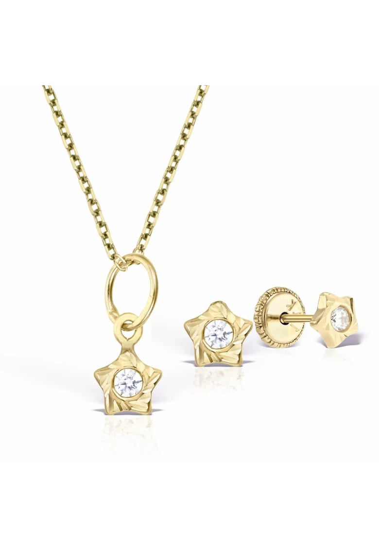 Set bijuterii cu diamante pentru copii - aur 14 KT - lantisor - pandantiv si cercei cu protectie