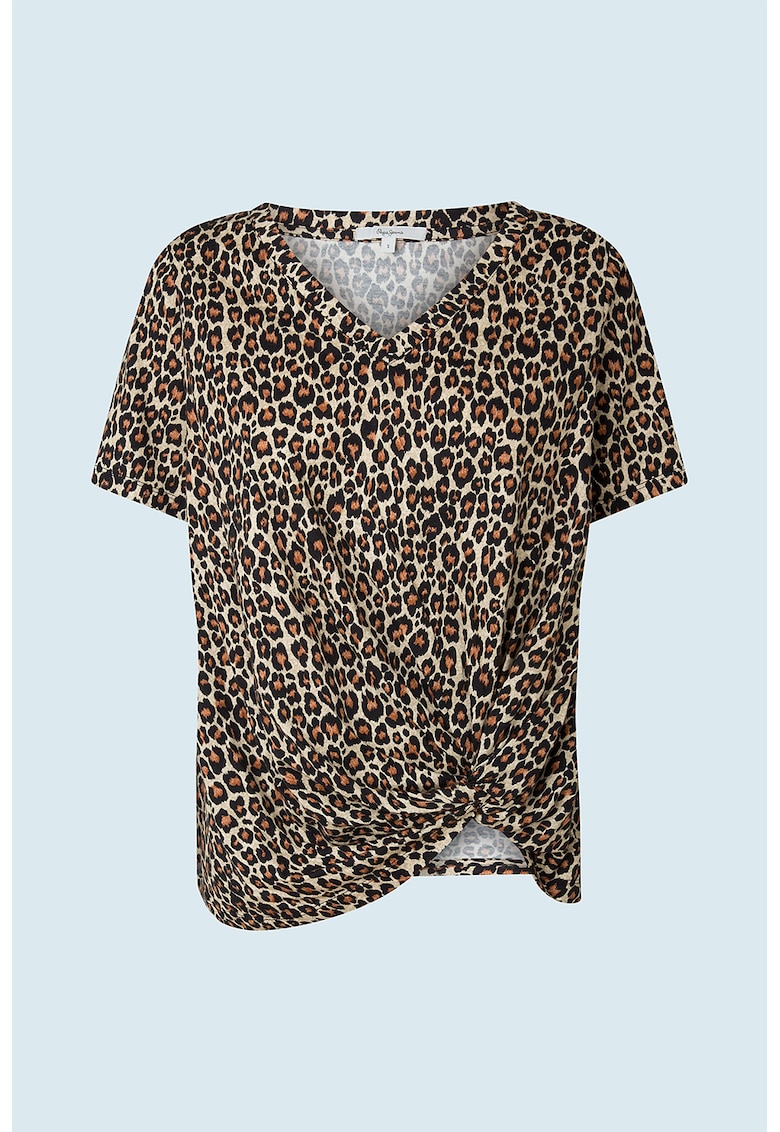 Tricou cu animal print si detaliu rasucit - Negru/Maro scortisoara/Crem