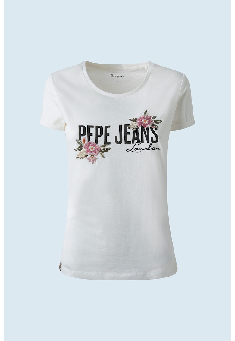 Tricou de jerseu cu motive florale brodate - Alb/Negru/Roz
