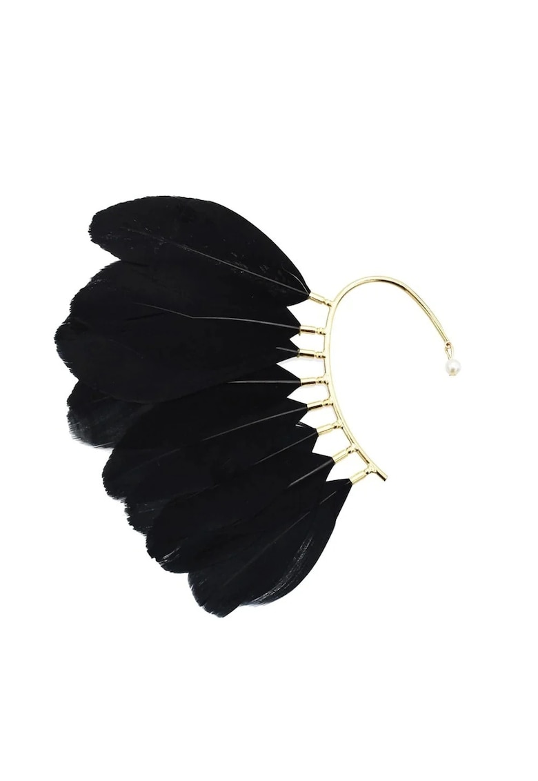Cercel ear cuff - auriu - cu pene negre - Robin C2 -