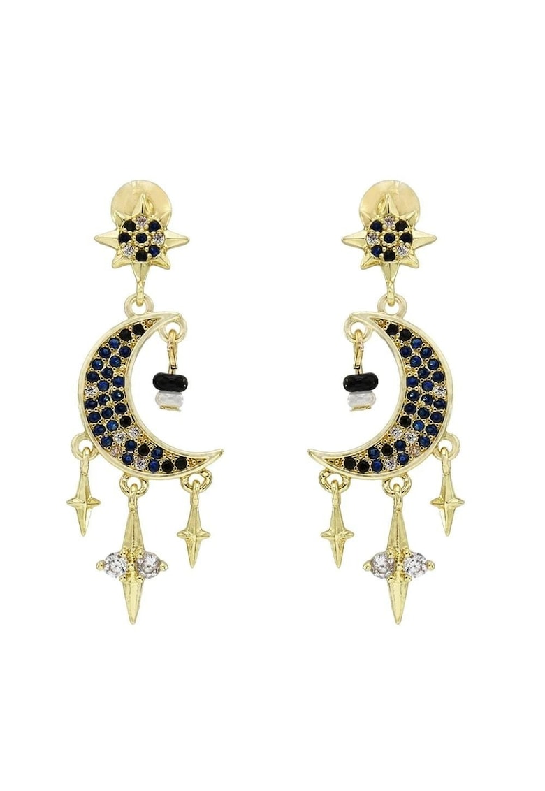 Cercei aurii - semiluna si stele - cu pietre negre - Ronah C3 -