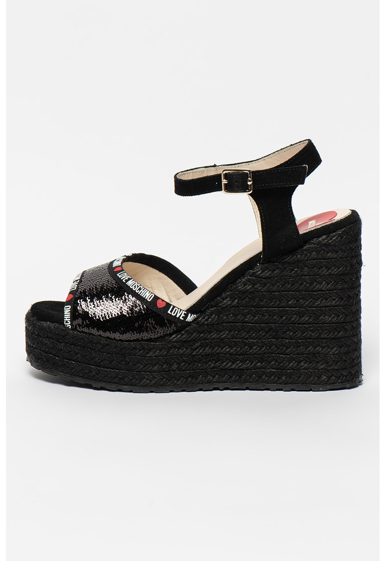 Sandale tip espadrile din piele cu talpa wedge si aplicatii cu paiete