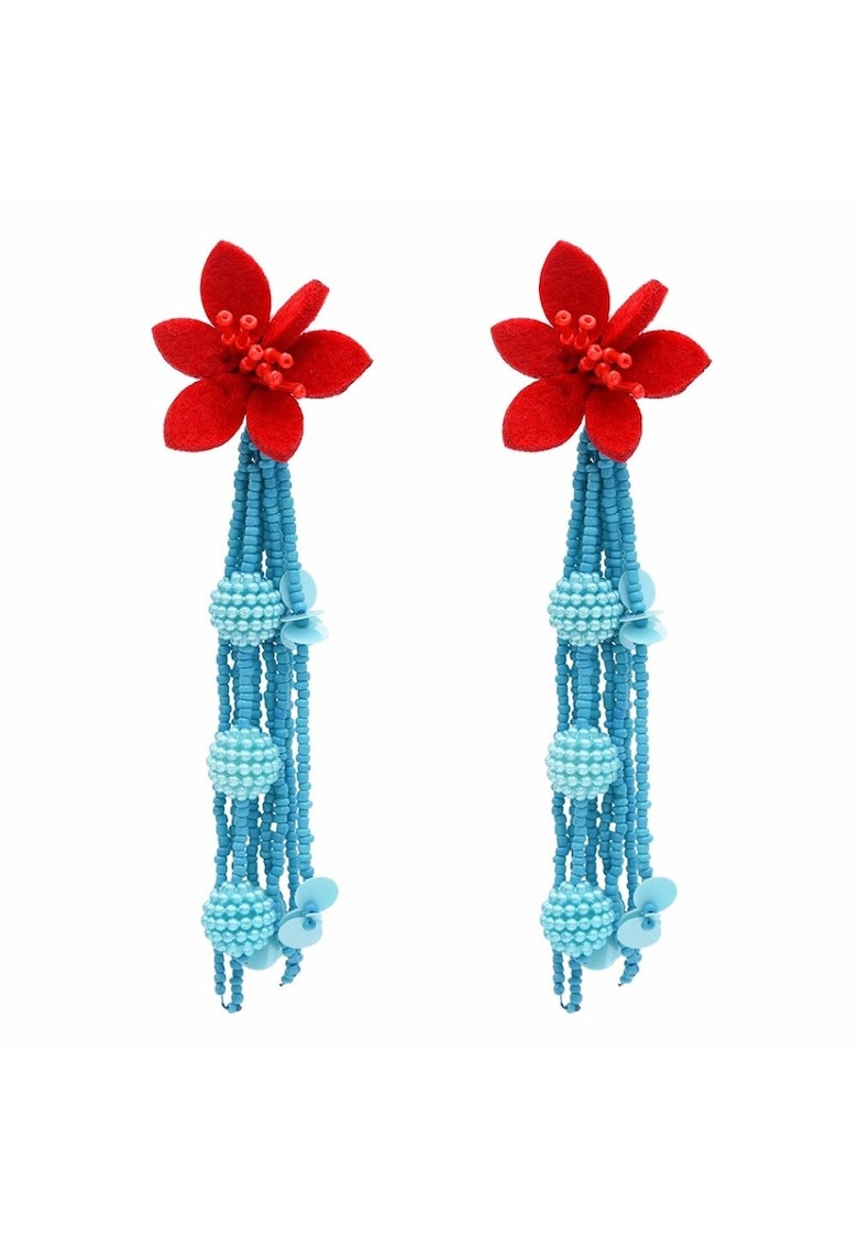 Cercei bleu - lungi - cu flori rosii - Rosalie C5 -