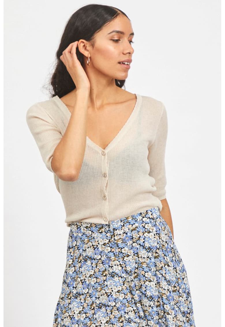 Cardigan din tricot cu striatii si decolteu in V