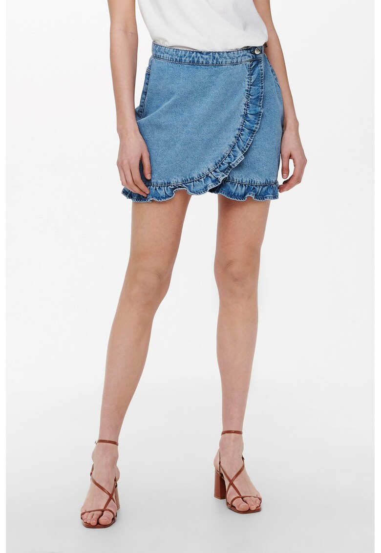 Fusta mini din denim cu croiala petrecuta