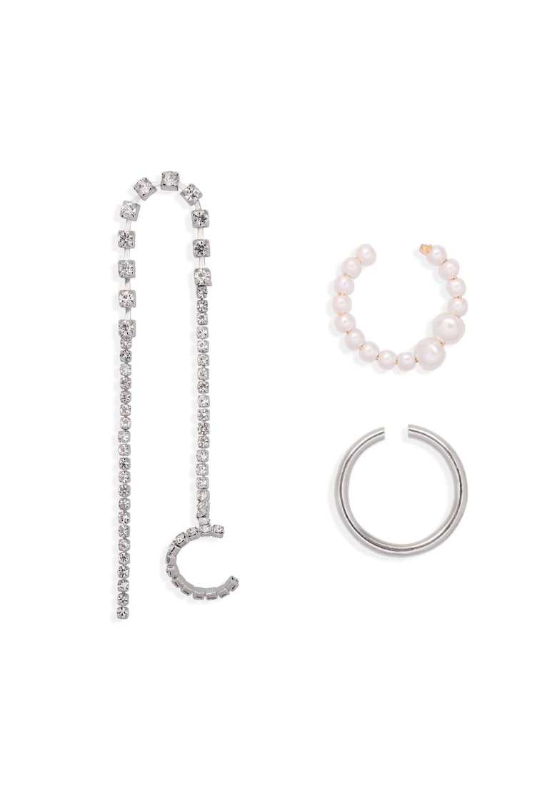 Cercei ear cuff - argintii - cu pietre si perle - Sekine C2 -