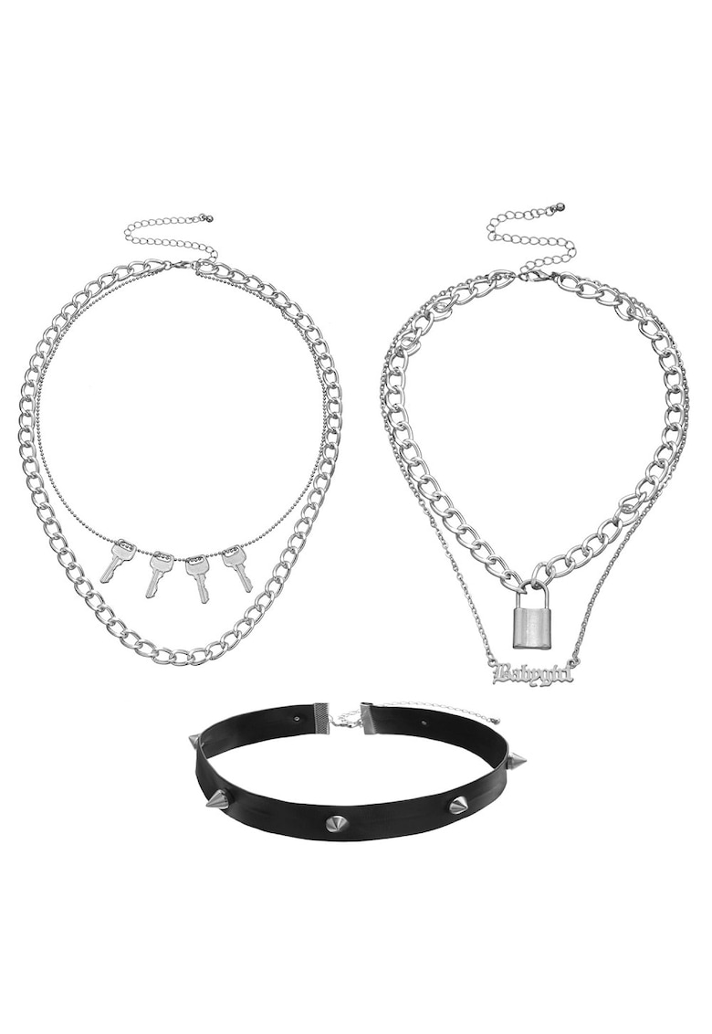 Set 3 coliere - argintii - cu tinte si lacat - Roselind C13 -