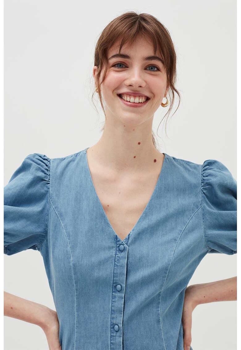 Rochie de chambray cu decolteu in V si maneci bufante