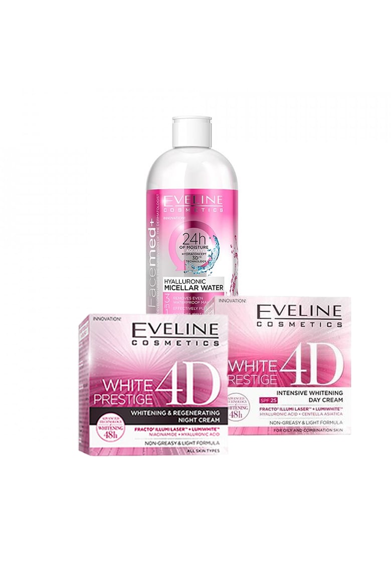 Set Eveline White Prestige 4D - Crema de zi White Prestige 4D - 50 ml - Crema de noapte White Prestige 4D - 50 ml - Apa micelara Hyaluronic 3 in 1 - 400 ml