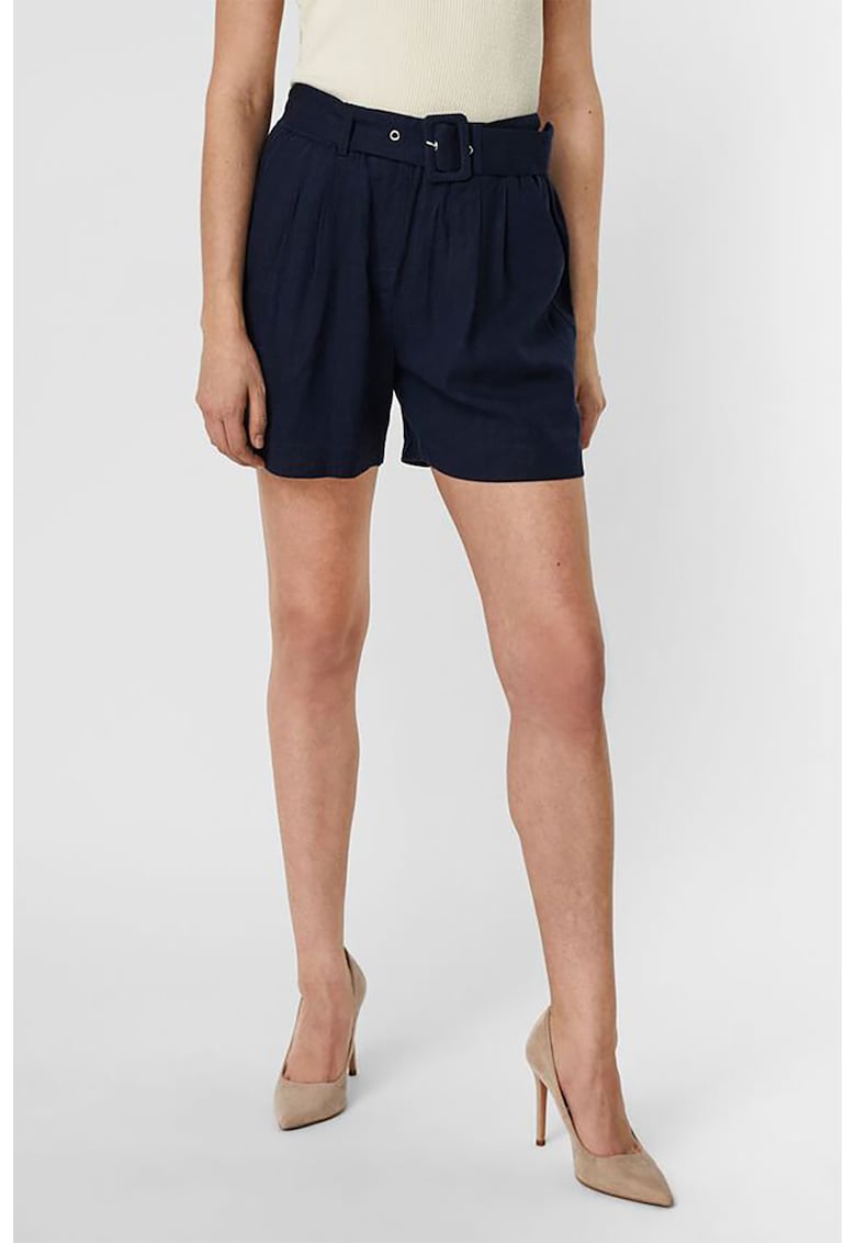 Pantaloni scurti din amestec de in cu talie inalta - Bleumarin