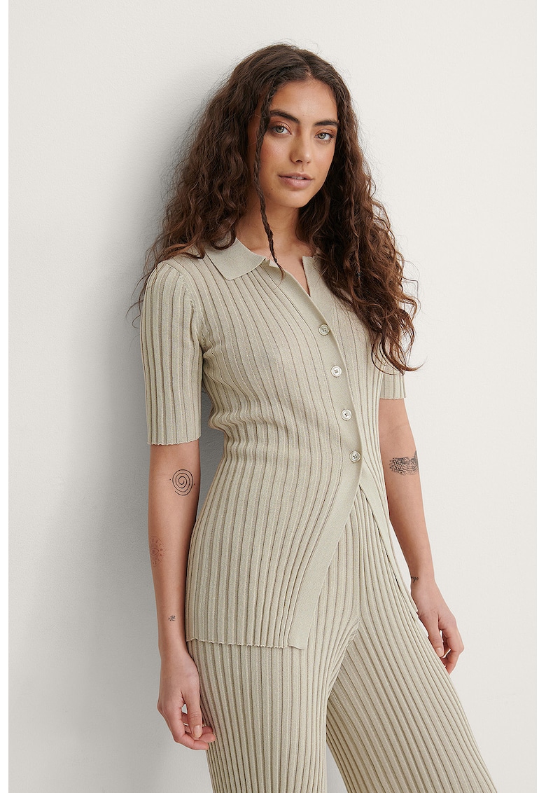 Cardigan din tricot cu striatii si maneci scurte