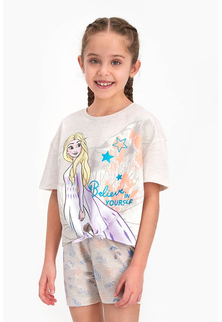 Pijama cu tricou si pantaloni scurti cu imprimeu cu Elsa