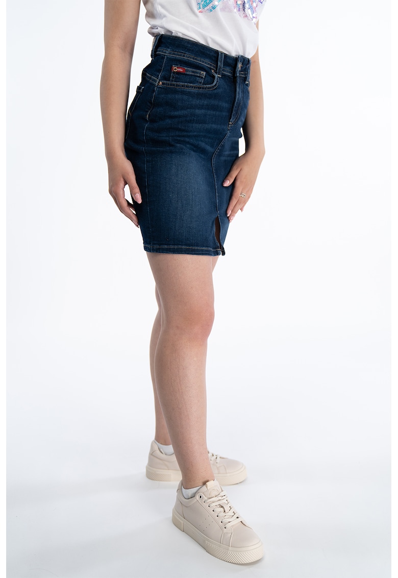 Fusta de denim cu talie inalta si slit frontal