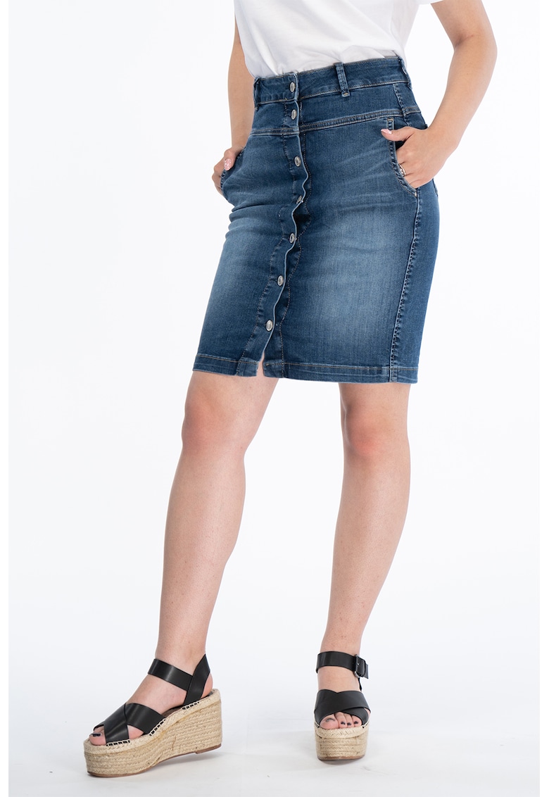 Fusta de denim cu talie inalta si aspect decolorat