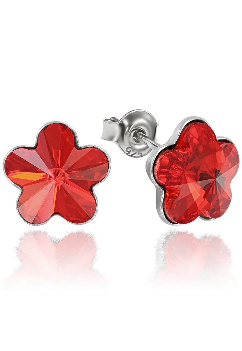 Cercei Argint 925 placat cu rodiu cu cristale Swarovski® Flower - 10mm - Surub - Rosu