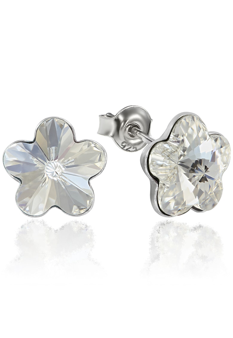 Cercei Argint 925 placat cu rodiu cu cristale Swarovski® Flower - 10mm - Surub - Alb