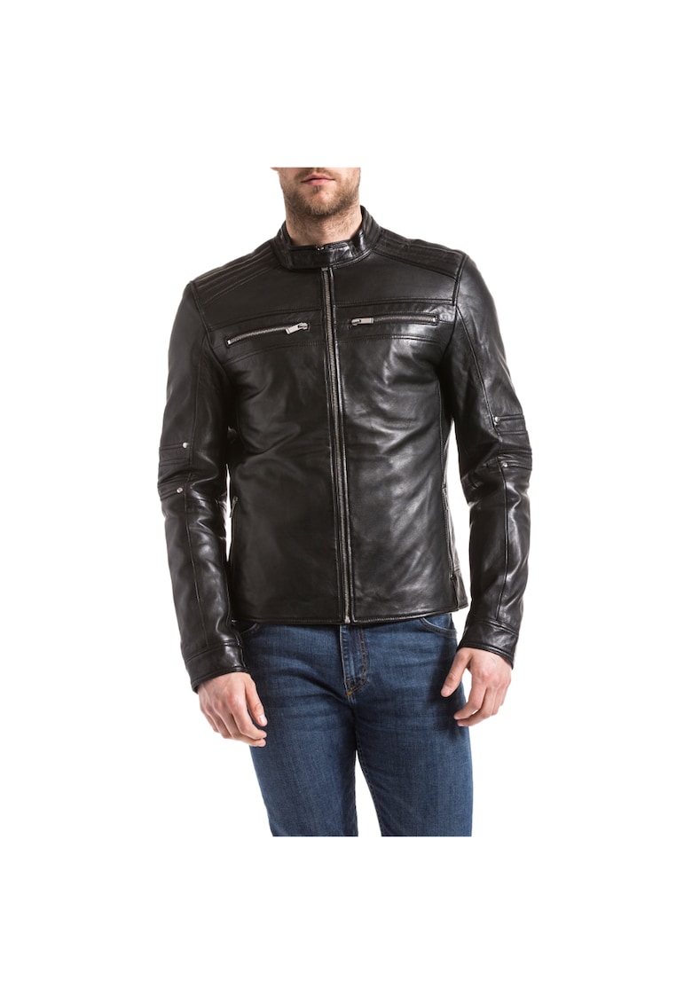 Jacheta biker barbati IDANNUS - Piele - Negru - Negru