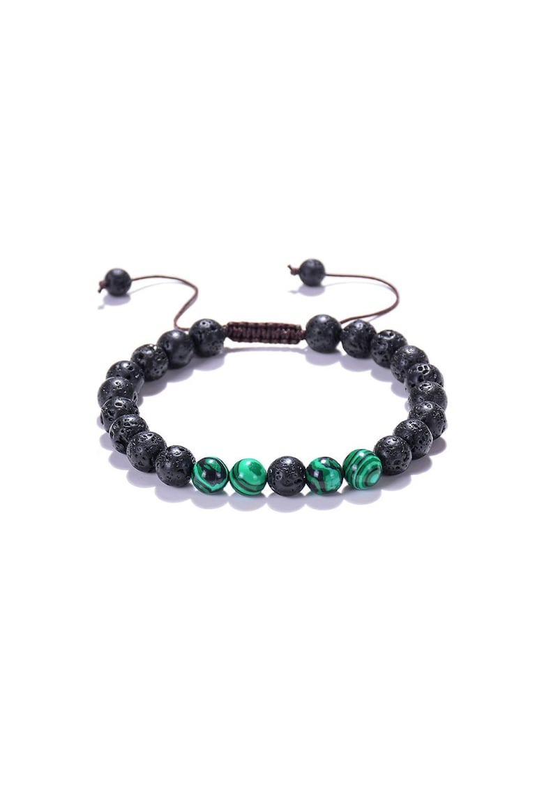 Bratara aromaterapie ”ENID” - ajustabila cu snur din pietre de Lava (Vulcanice) si pietre de Malachit Verzi - neagra - 18-19 cm
