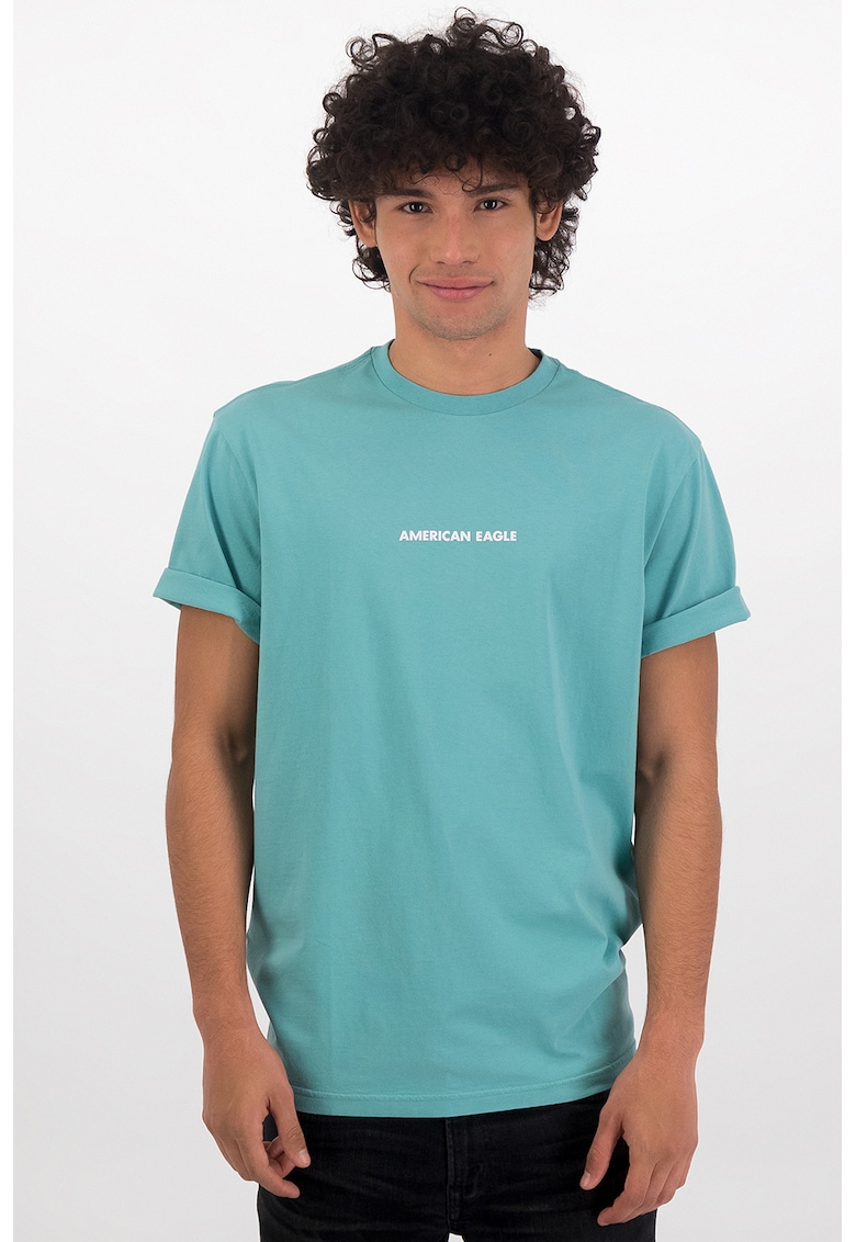 Tricou cu decolteu la baza gatului de bumbac - Alb/Turcoaz