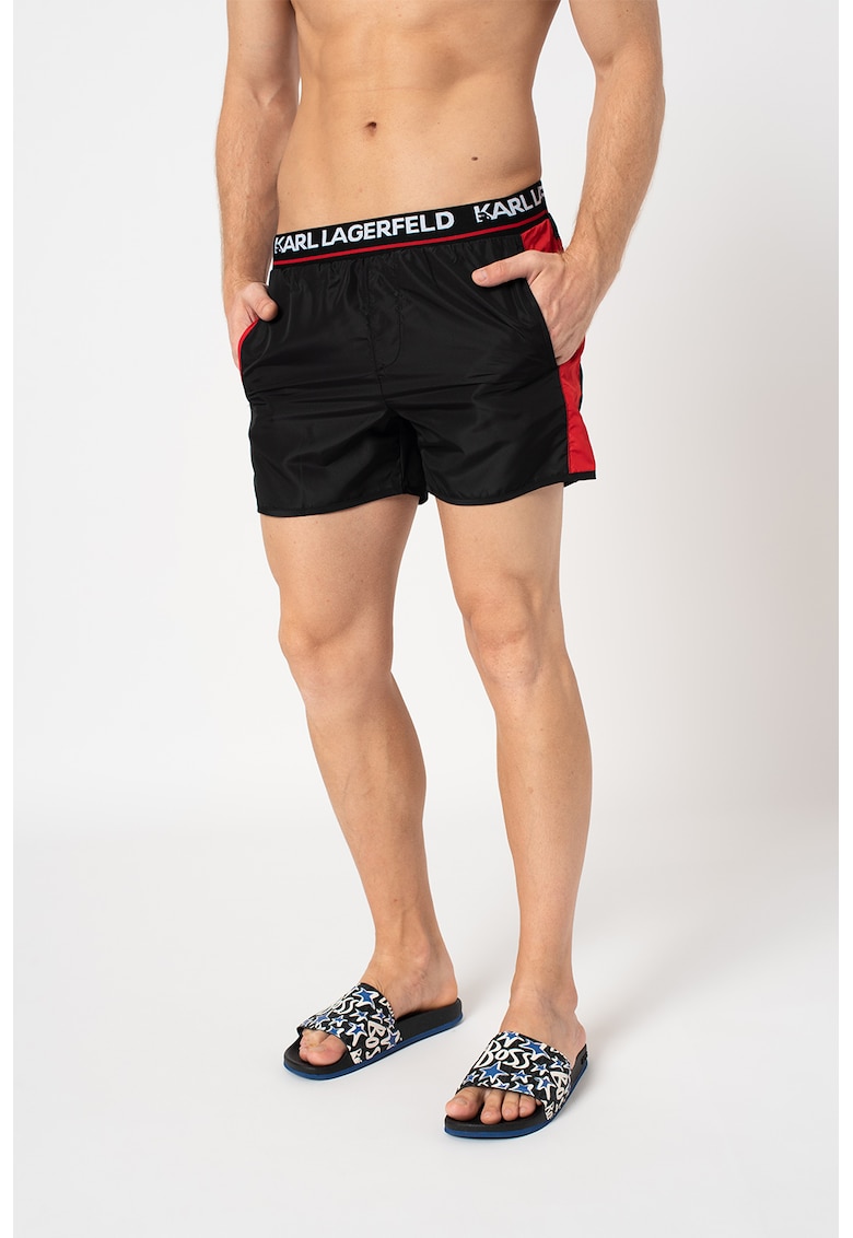 Pantaloni scurti de baie cu banda logo in talie - Rosu/Negru