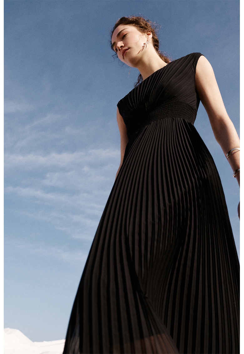 Rochie evazata cu pliuri si talie inalta cu insertie elastica Liliane