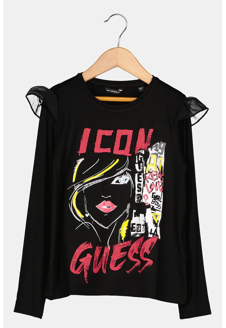 Guess Kids Bluza cu volane din sifon pe umar - Rosu/Negru/Galben