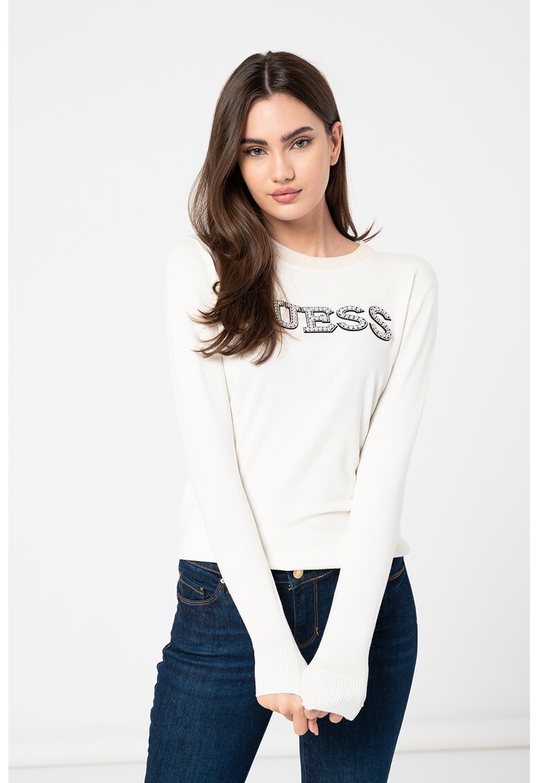 Pulover slim fit cu logo din strasuri
